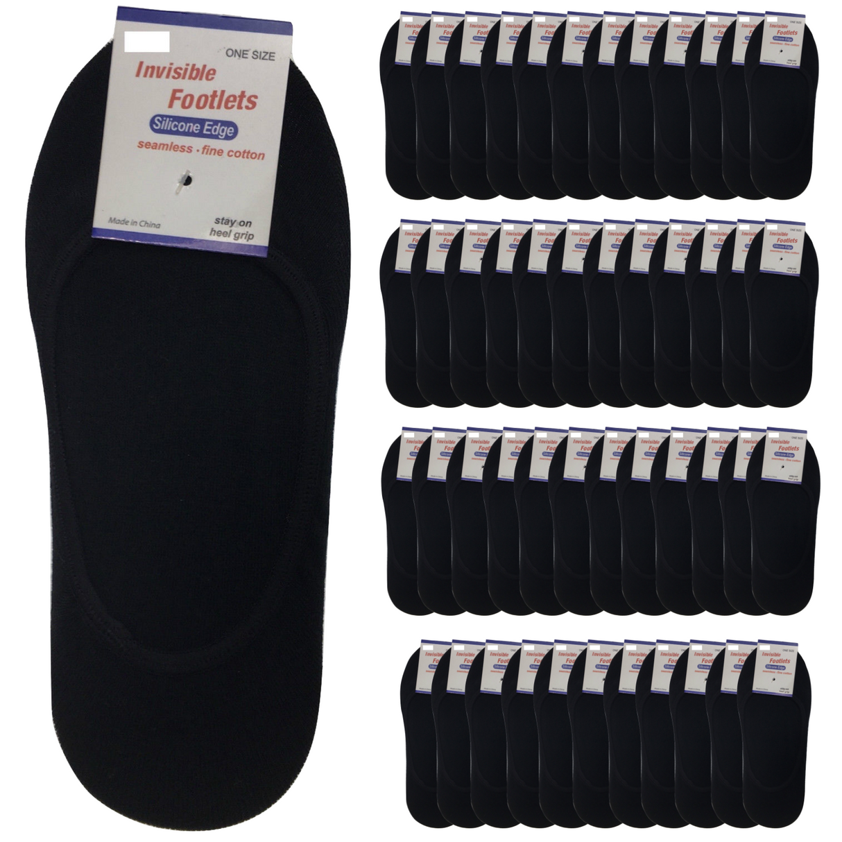48 Pairs No Show Cotton Socks Bulk Pack - Black (Non Slip Low Cut Invisible Footlet Socks)