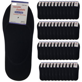 48 Pairs No Show Cotton Socks Bulk Pack - Black (Non Slip Low Cut Invisible Footlet Socks)