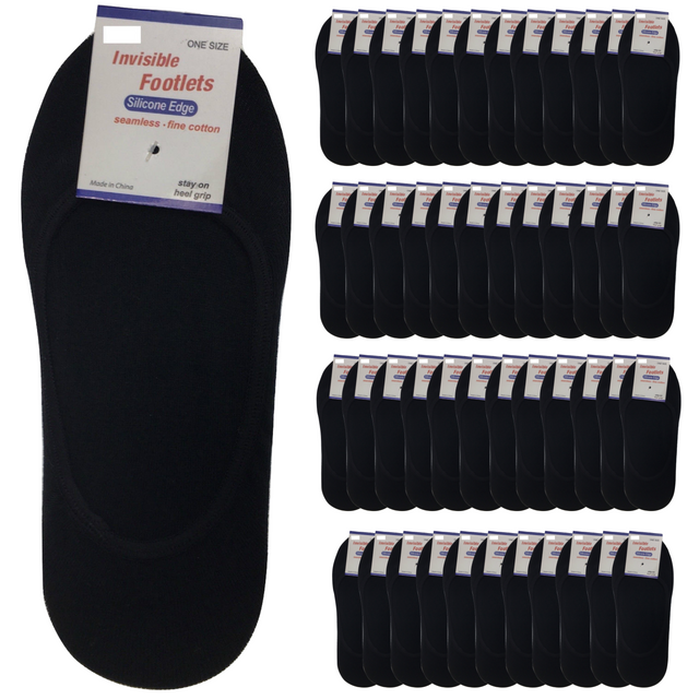 48 Pairs No Show Cotton Socks Bulk Pack - Black (Non Slip Low Cut Invisible Footlet Socks)