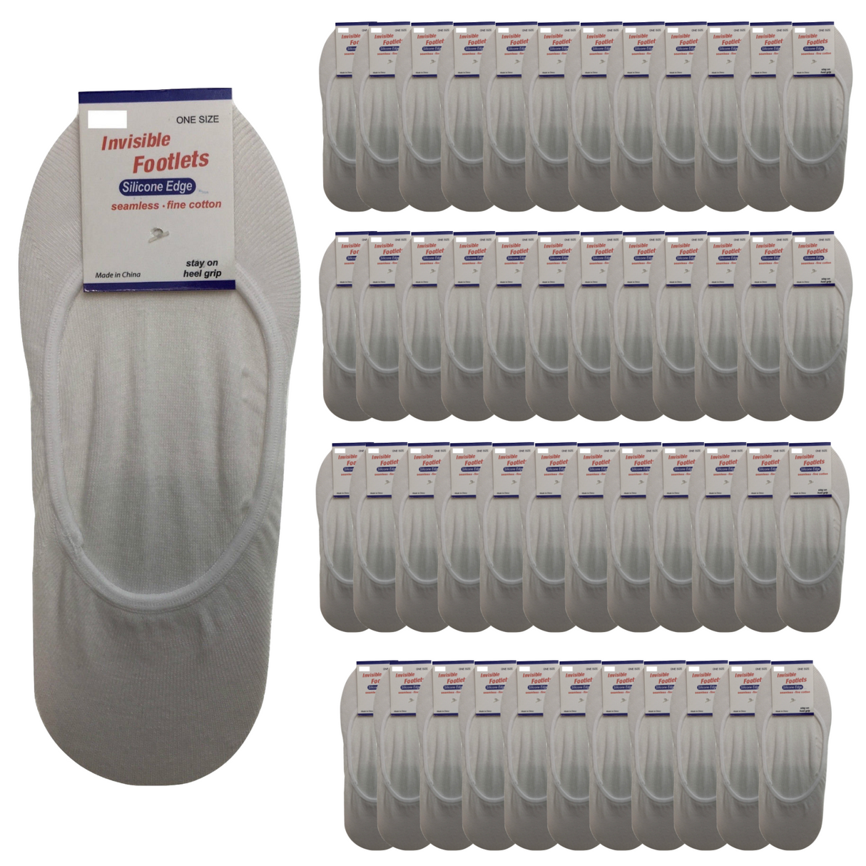 48x NO SHOW COTTON SOCKS Non Slip Heel Grip Low Cut Invisible Footlet Seamless - White - 2-8