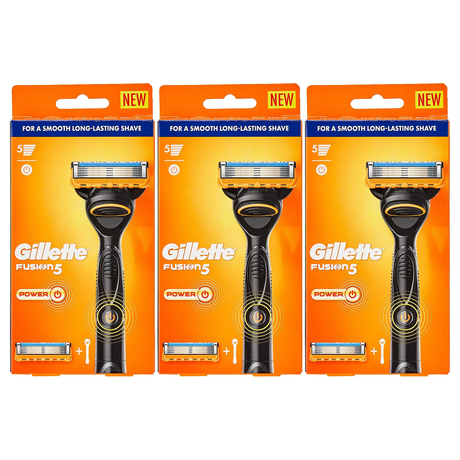 3x Gillette Fusion 5 Mens Power Battery-Powered Razor Pack - Handle + 1 Cartridge Blade Refill