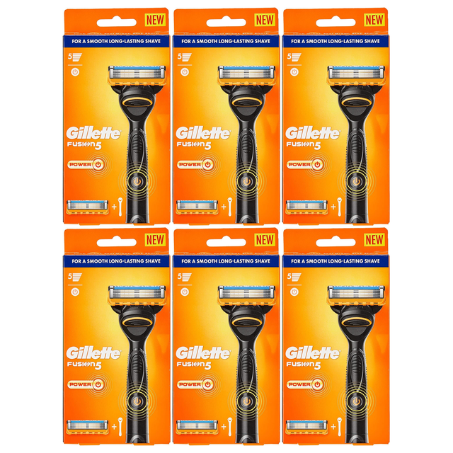 6x Gillette Fusion 5 Mens Power Battery-Powered Razor Bulk Pack - Handle + 1 Cartridge Blade Refill