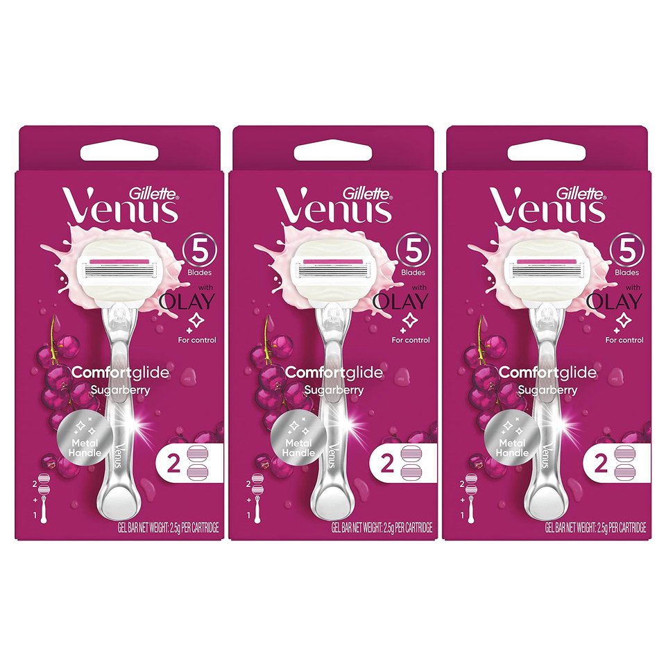 3x Gillette Venus Womens Comfortglide Sugarberry Razor Pack - Metal Handle + 2 Cartridges