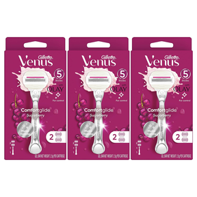 3x Gillette Venus Womens Comfortglide Sugarberry Razor Pack - Metal Handle + 2 Cartridges