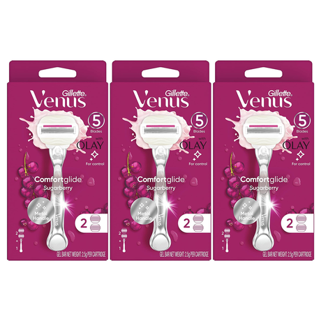 3x Gillette Venus Womens Comfortglide Sugarberry Razor Pack - Metal Handle + 2 Cartridges