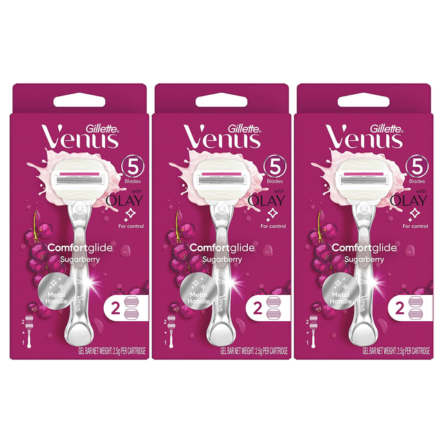 3x Gillette Venus Womens Comfortglide Sugarberry Razor Pack - Metal Handle + 2 Cartridges