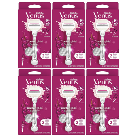 6x Gillette Venus Womens Comfortglide Sugarberry Razor Bulk Pack - Metal Handle + 2 Cartridges
