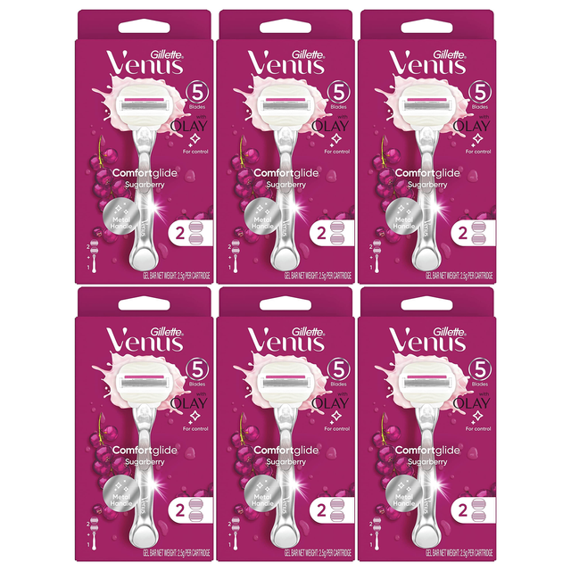 6x Gillette Venus Womens Comfortglide Sugarberry Razor Bulk Pack - Metal Handle + 2 Cartridges