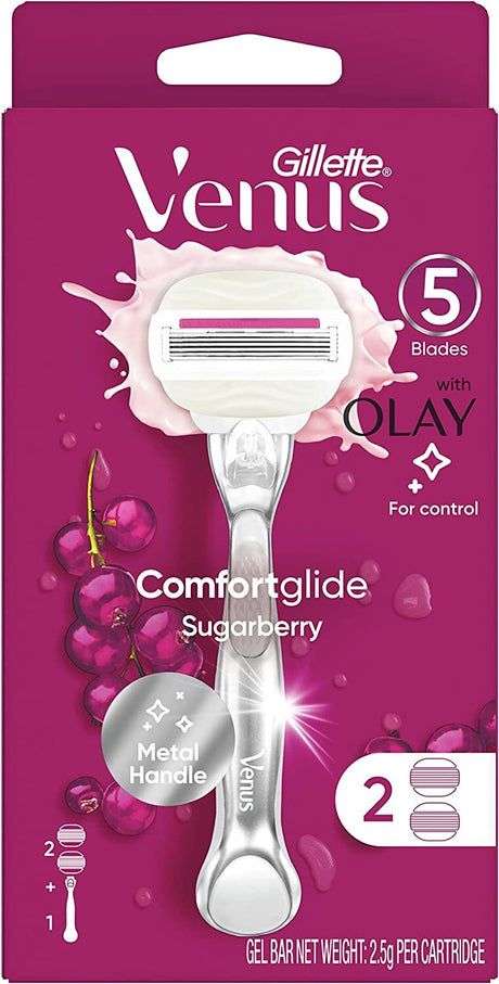3x Gillette Venus Womens Comfortglide Sugarberry Razor Pack - Metal Handle + 2 Cartridges