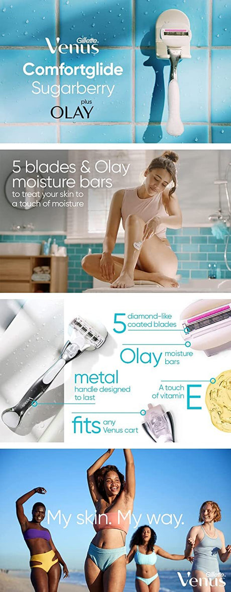 6x Gillette Venus Womens Comfortglide Sugarberry Razor Bulk Pack - Metal Handle + 2 Cartridges