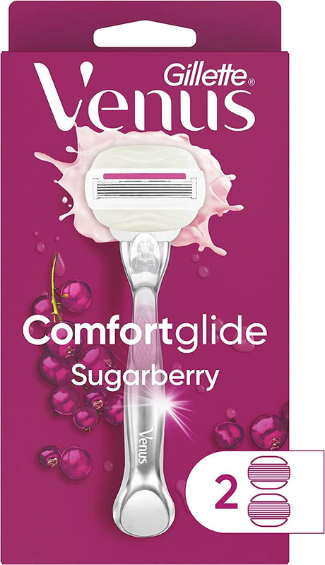 3x Gillette Venus Womens Comfortglide Sugarberry Razor Pack - Metal Handle + 2 Cartridges