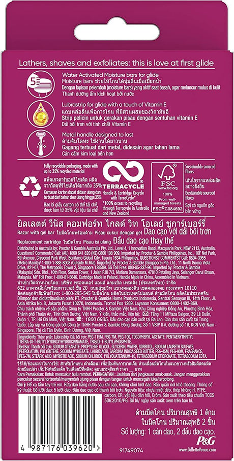 6x Gillette Venus Womens Comfortglide Sugarberry Razor Bulk Pack - Metal Handle + 2 Cartridges