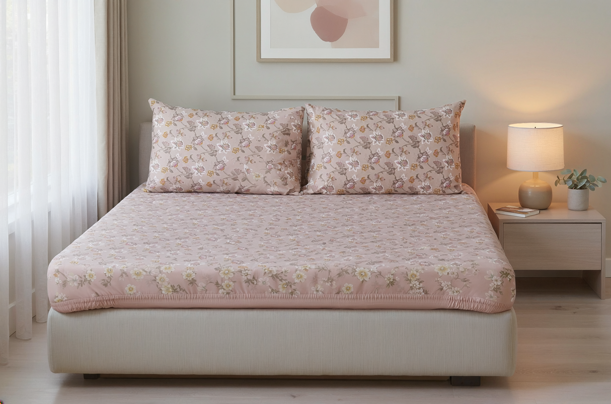 Downton Floral Pure Cotton Fitted Bed Sheet + Pillowcase Set