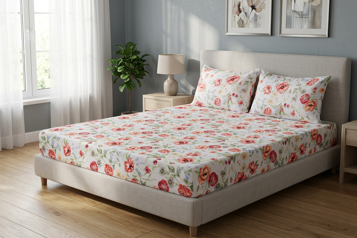 Floral Reverie Pure Cotton Fitted Bed Sheet + Pillowcase Set