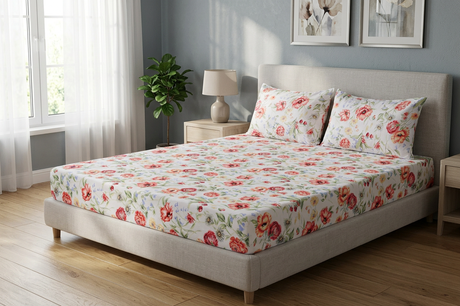 Floral Reverie Pure Cotton Fitted Bed Sheet + Pillowcase Set - Pink/Green