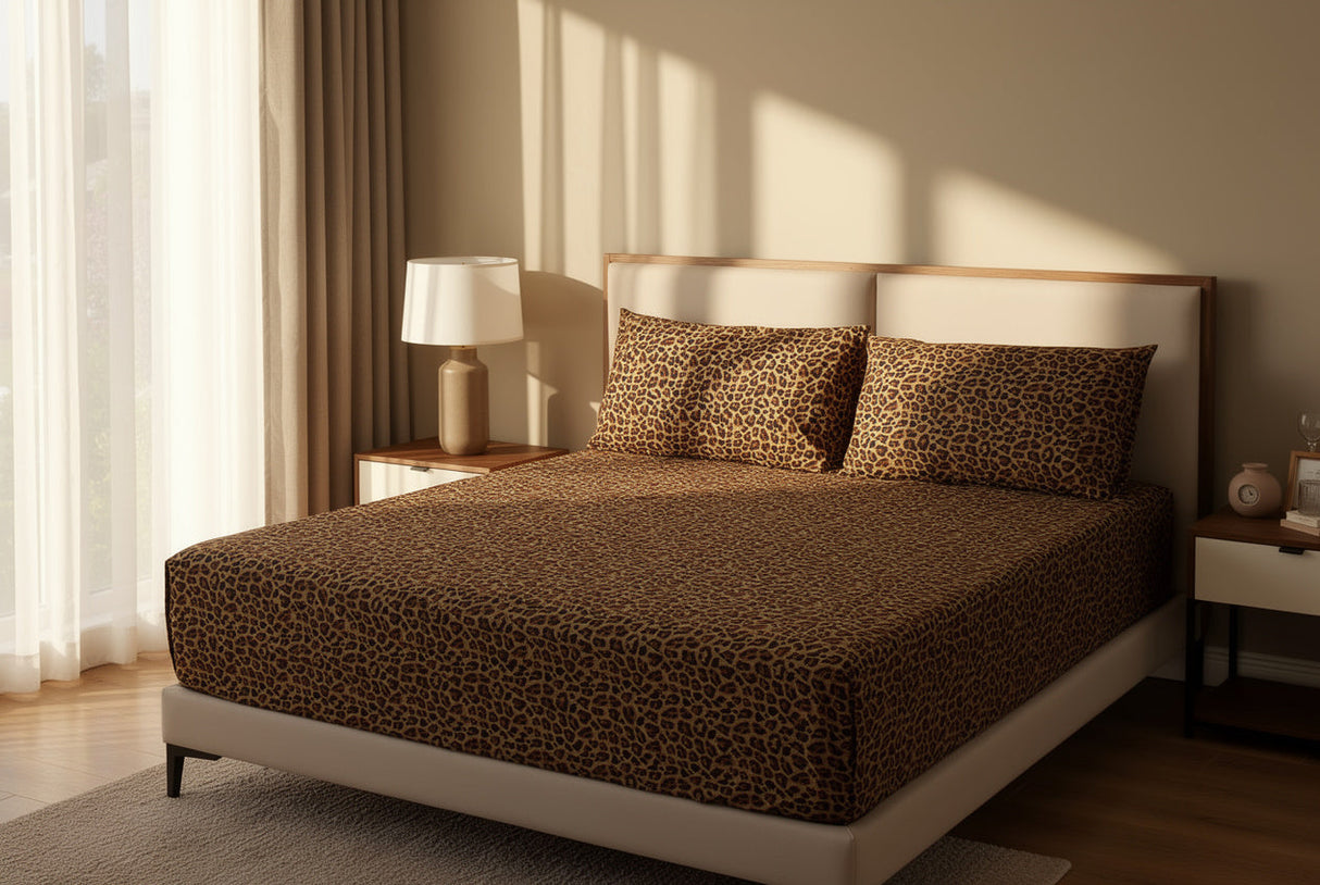 Glam Leopard Pure Cotton Fitted Bed Sheet + Pillowcase Set