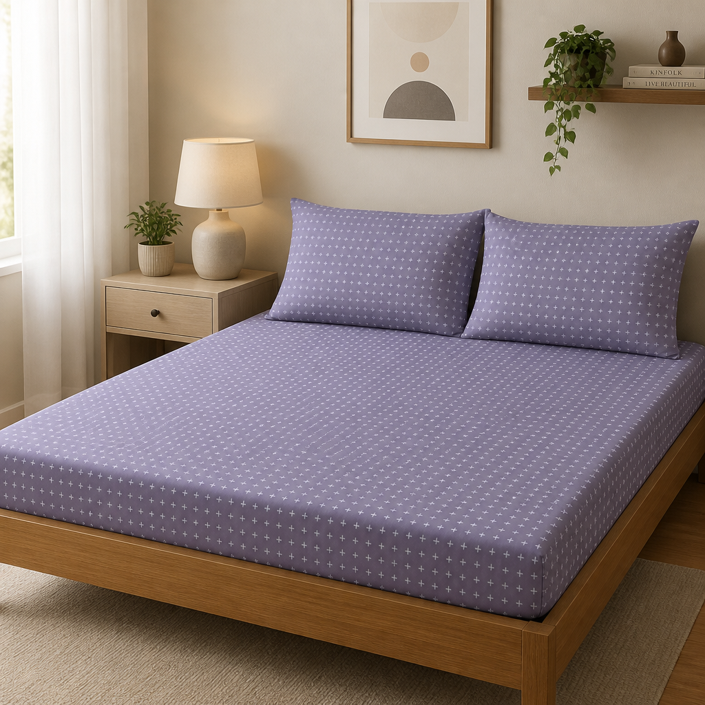 Hobart Mist Pure Cotton Fitted Bed Sheet + Pillowcase Set