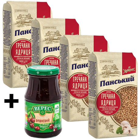 4kg Ukrainian Roasted Buckwheat Groats Kasha – 4 x 1kg Grechka + VERES Sour Cherry Jam Spread Varenya