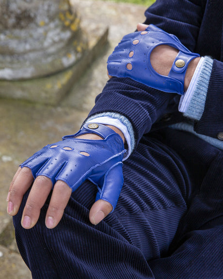 Dents Snetterton Mens Fingerless Leather Driving Gloves in Royal Blue