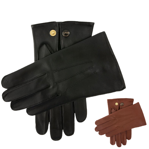 Dents Mens Classic Sandhurst Unlined Leather Gloves With 3-Point Stitch Detail Palm Vent & Dents Press Stud Fastening - Black