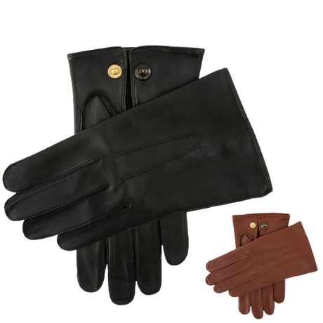 Dents Mens Classic Sandhurst Unlined Leather Gloves With 3-Point Stitch Detail Palm Vent & Dents Press Stud Fastening - Black