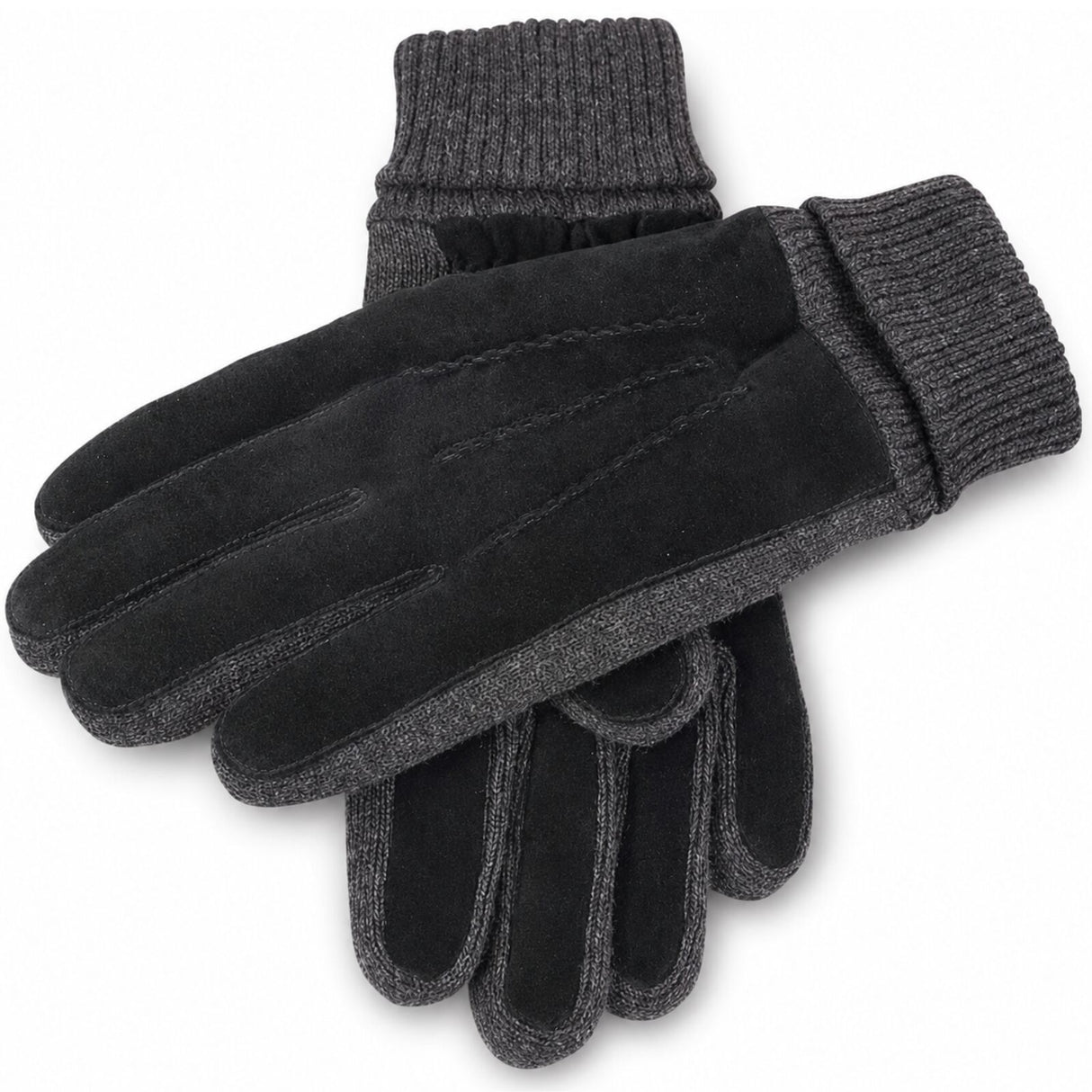 Dents Mens Pigsuede Winter Gloves with Acrylic Knit Cuff - Black/Charcoal (Fleece Lined)