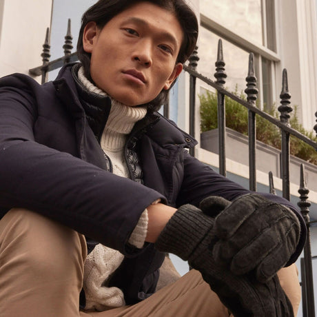 Dents Mens Pigsuede Winter Gloves with Acrylic Knit Cuff - Black/Charcoal (Fleece Lined)