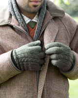 Dents Mens Touchscreen Cable Knit Gloves Wool Blend w/ Marl Yarn in Olive