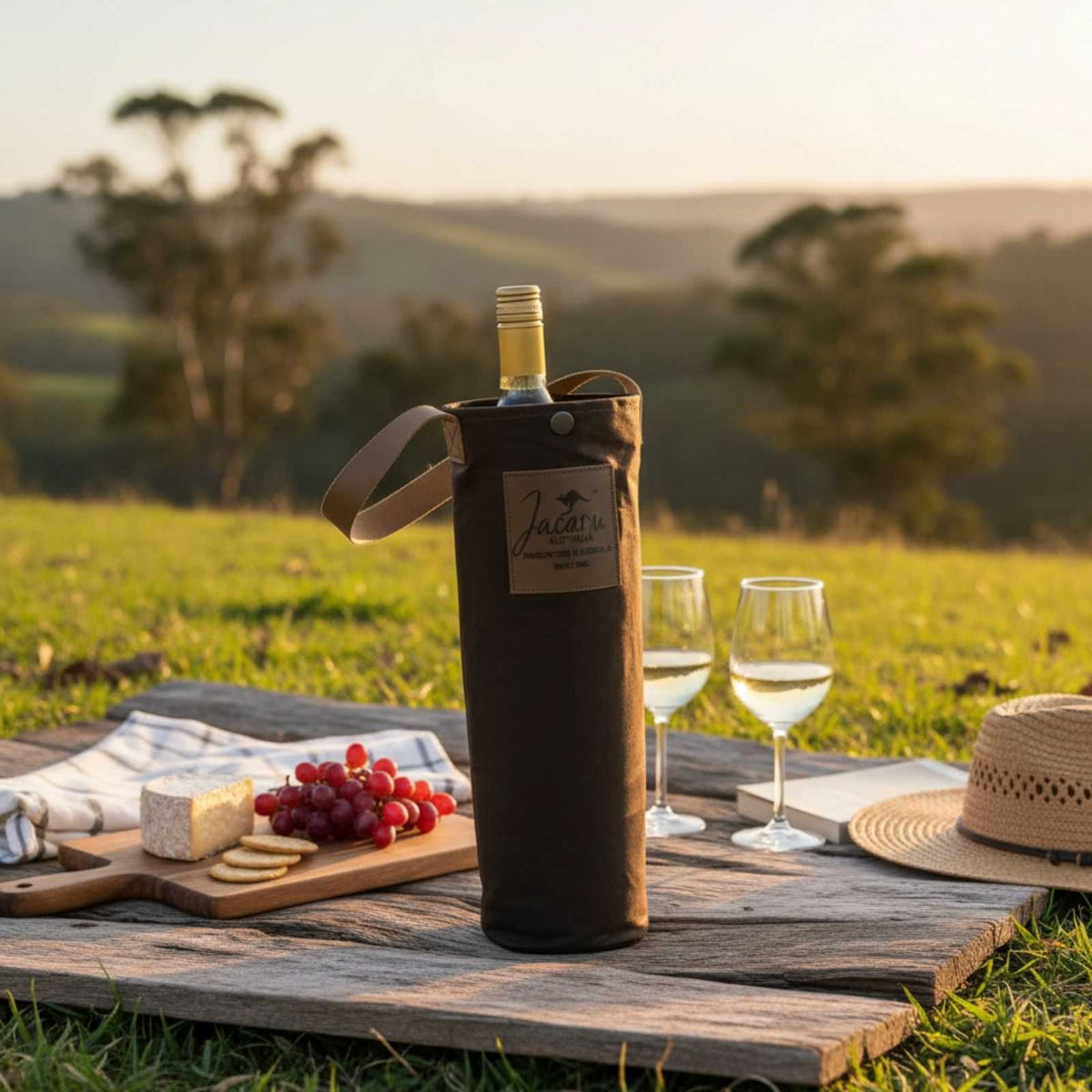 Jacaru 5001 Oilskin Wine Cooler Bag - Single Bottle (Wool Insulated Made in Australia)