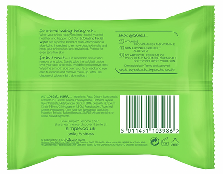 Simple 25 Wipes Kind to Skin Cleansing & Exfoliating Facial Wipes