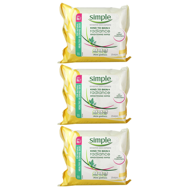 3x Simple 25 Wipes Sensitive Skin Brightening Wipes (Pack)