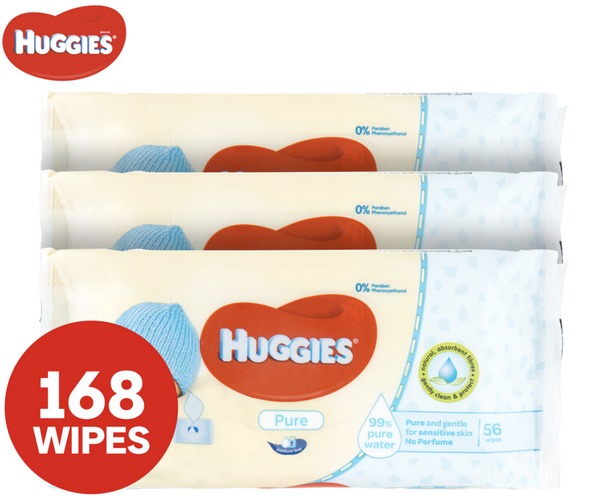 3x Huggies Pure Baby Wipes Bulk Pack - Unscented Sticky Top (168 Wipes Total)