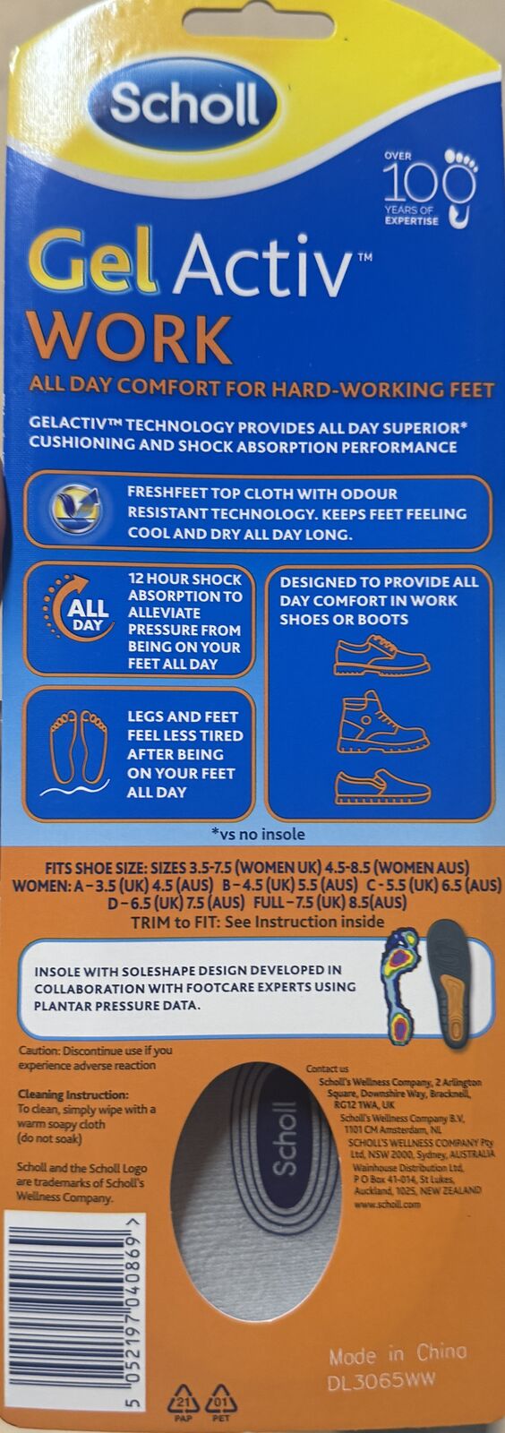 1 Pair Scholl Womens GelActiv Work Insoles w/ Odour Control in Size 3.5-7.5UK