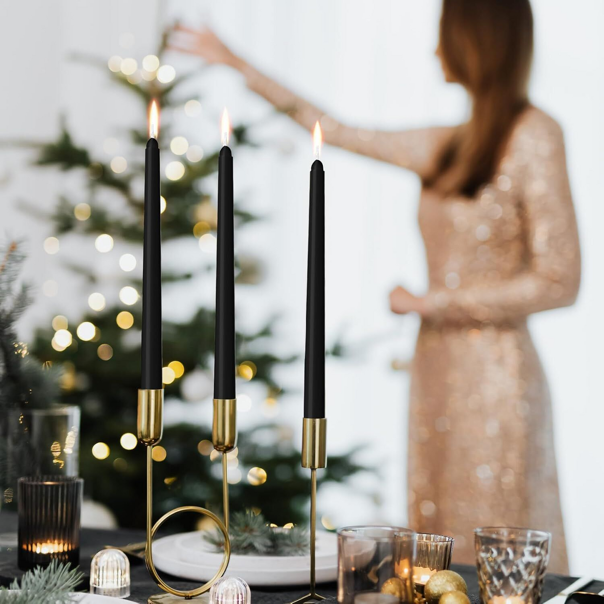 48x Tapered Dinner Candles Unscented Taper Wedding Candle 25cm in Black