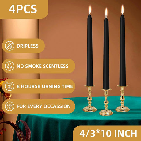 4x Black Tapered Dinner Candles 25cm - Unscented (Tall Wedding Table Candles)
