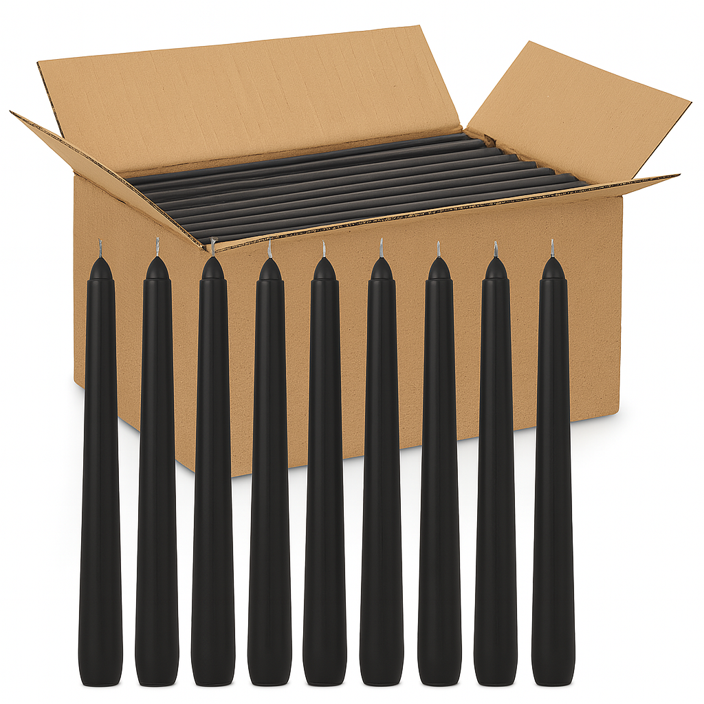 144x Black Tapered Dinner Candles 25cm Bulk Pack - Unscented (Tall Wedding Table Candles)