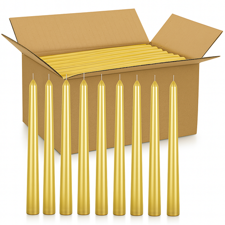 144x Metallic Gold Tapered Dinner Candles 25cm Bulk Pack - Unscented (Tall Wedding Table Candles)
