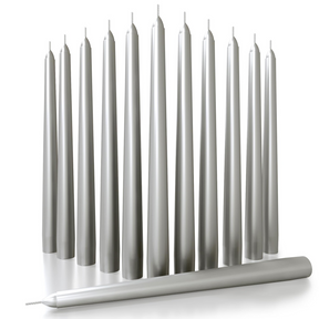 48x Tapered Dinner Candles Unscented Taper Wedding Candle 25cm in Metallic Silver