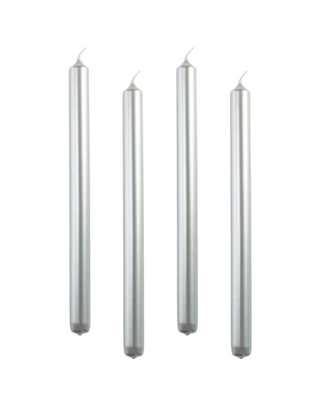 4x Metallic Silver Tapered Dinner Candles 25cm - Unscented (Tall Wedding Table Candles)