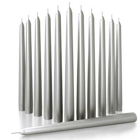 144x Metallic Silver Tapered Dinner Candles 25cm Bulk Pack - Unscented (Tall Wedding Table Candles)