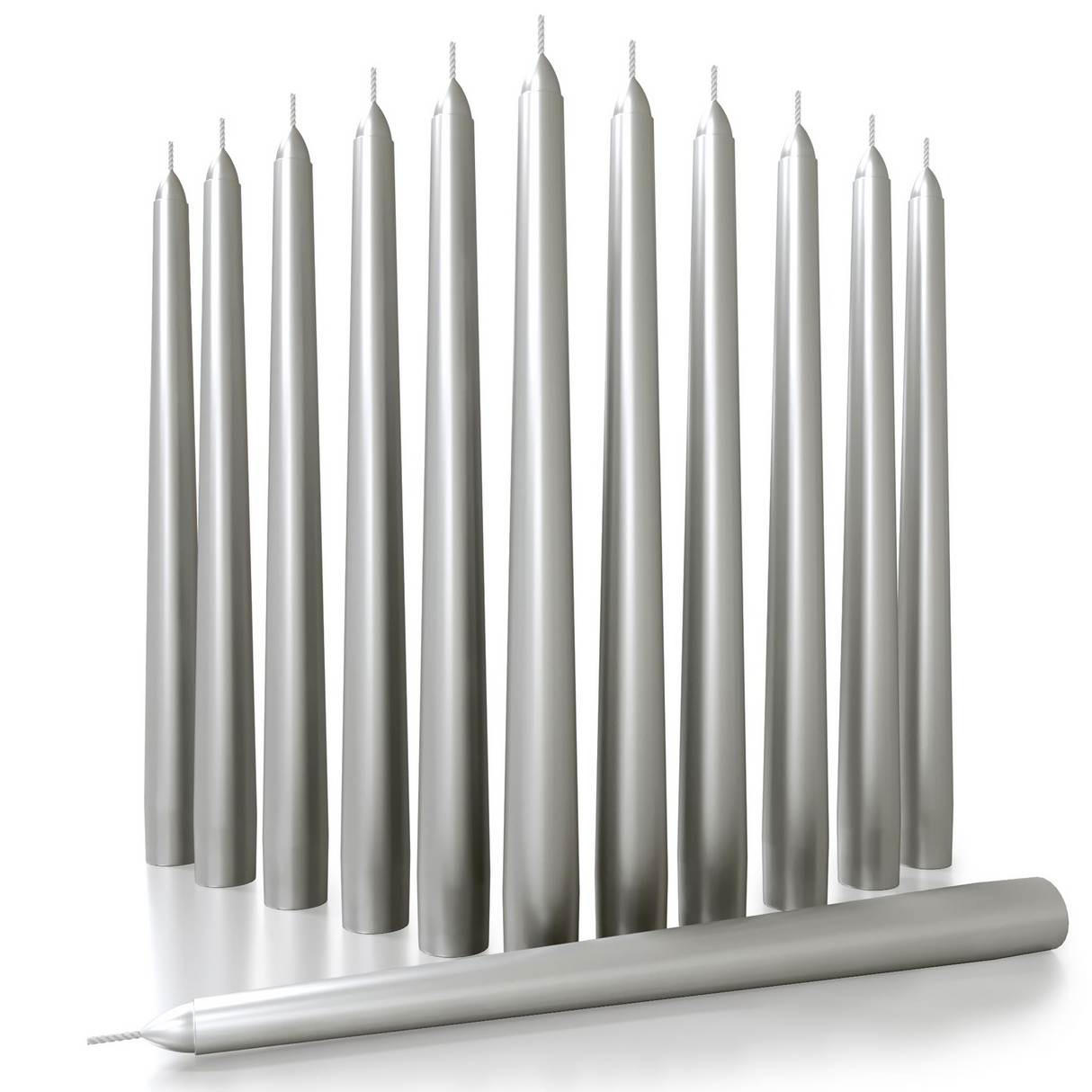 144x Tapered Dinner Candles Unscented Taper Wedding Candle 25cm in Metallic Silver