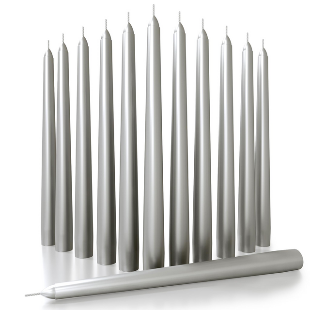 144x Tapered Dinner Candles Unscented Taper Wedding Candle 25cm in Metallic Silver
