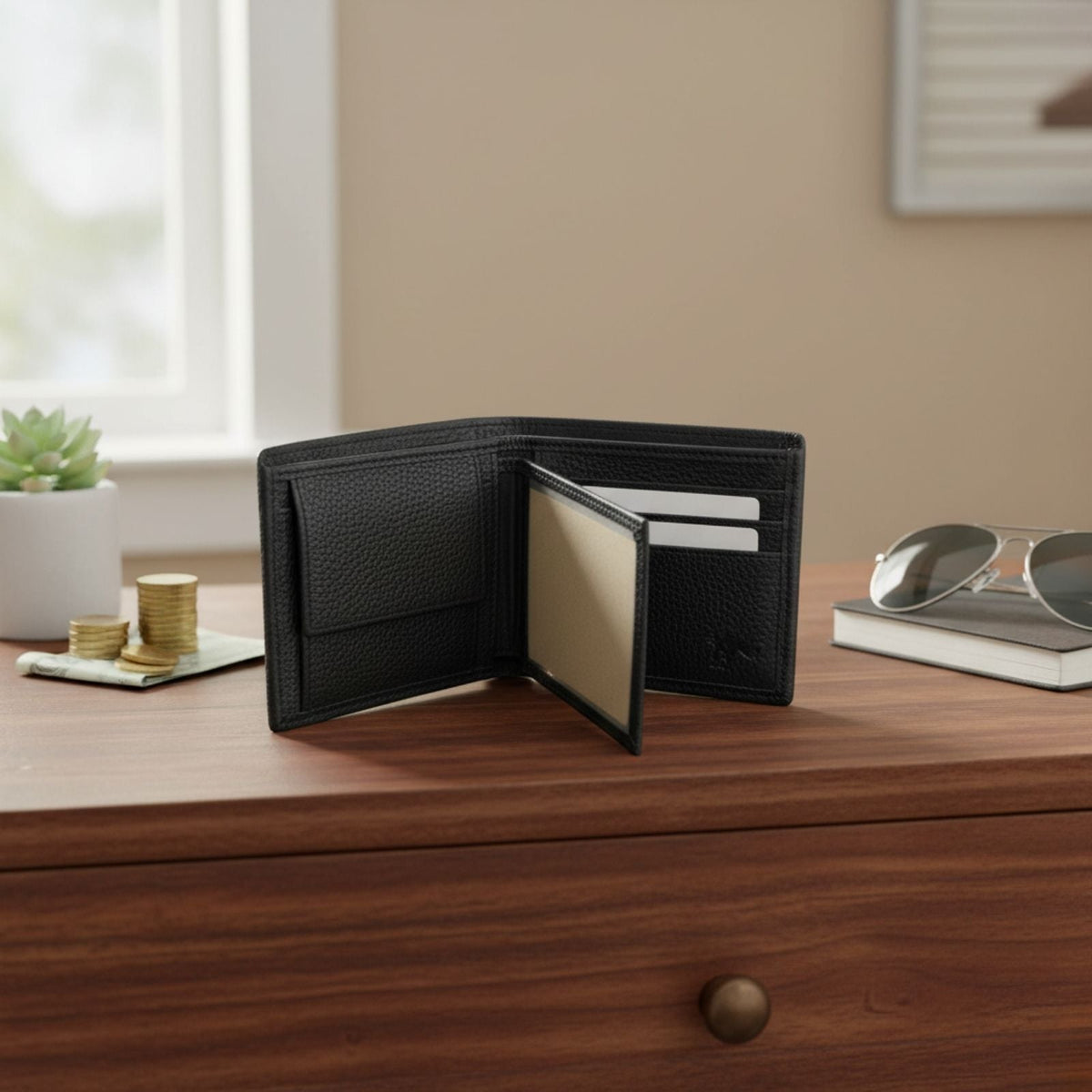 Jacaru 5786 Mens Kangaroo Leather Flap Wallet - Bi-Fold with Coin Pocket (12 x 9.5cm)