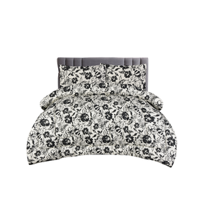 King Comforter Full Set w/ Fitted Sheet, 4 Pillow Covers & Comfofter - Flowers Black/White (6 Piece Set)