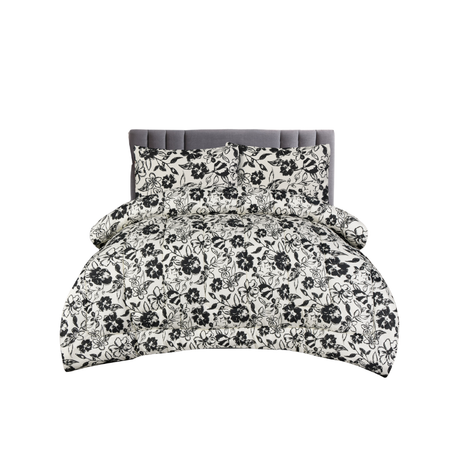 King Comforter Full Set w/ Fitted Sheet, 4 Pillow Covers & Comfofter - Flowers Black/White (6 Piece Set)