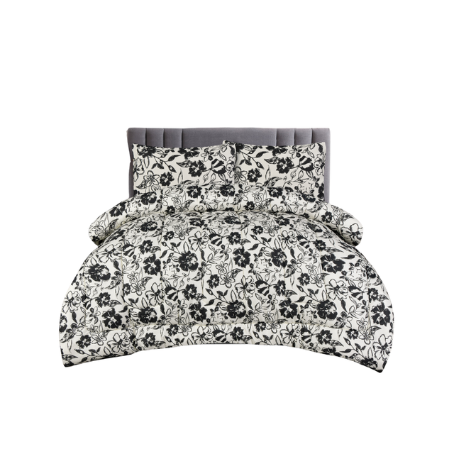 King Comforter Full Set w/ Fitted Sheet, 4 Pillow Covers & Comfofter - Flowers Black/White (6 Piece Set)