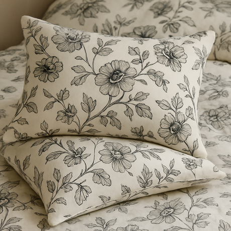 King Comforter Full Set w/ Fitted Sheet, 4 Pillow Covers & Comfofter - Flowers Black/White (6 Piece Set)