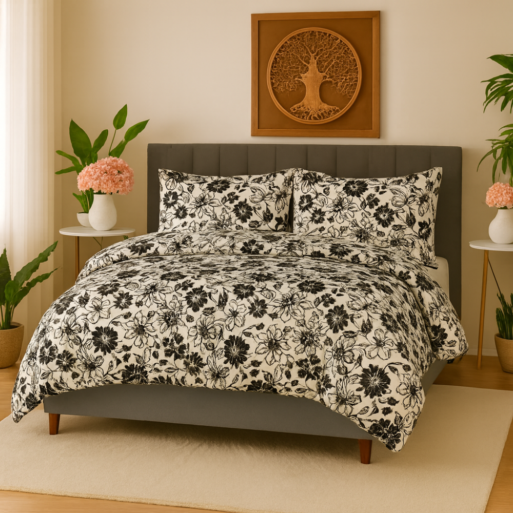 King Comforter Full Set w/ Fitted Sheet, 4 Pillow Covers & Comfofter - Flowers Black/White (6 Piece Set)
