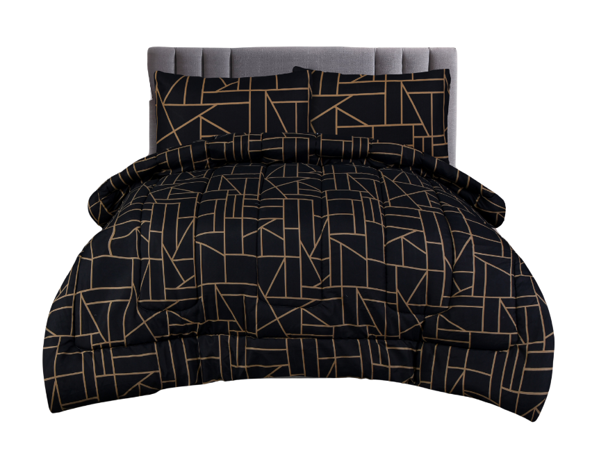 King Comforter Full Set w/ Fitted Sheet, 4 Pillow Covers & Comfofter - Geometric Black (6 Piece Set)
