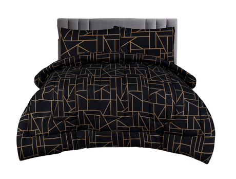 King Comforter Full Set w/ Fitted Sheet, 4 Pillow Covers & Comfofter - Geometric Black (6 Piece Set)